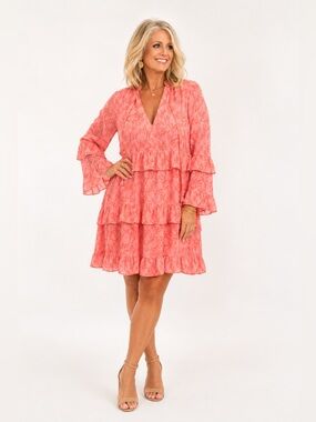 Karlie Coral Pink Tiered V-Neck Long Sleeve Dress Size Large